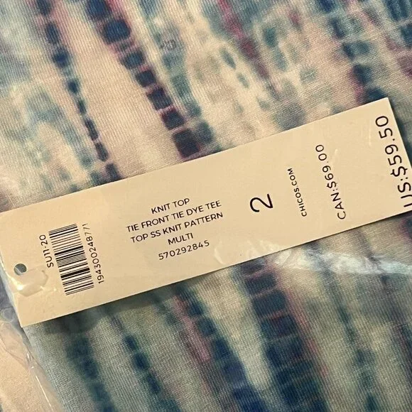 Chico's Tie Dye T Shirt Blouse Tie Front WaterColor Blue Purple NWT Large - Picture 12 of 12